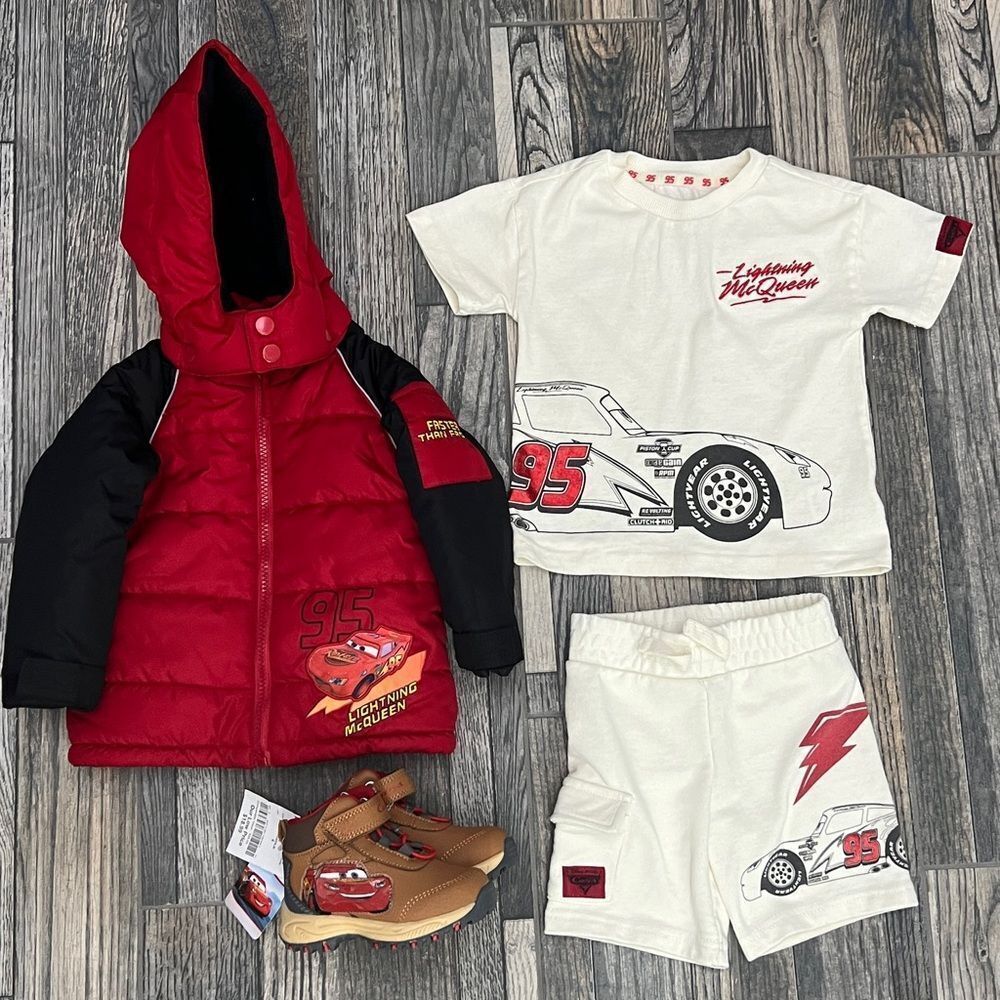 🔥Cars Lightning McQueen Kids Outfit Set 18mo. - Boots (6), Puffer Jacket, Short